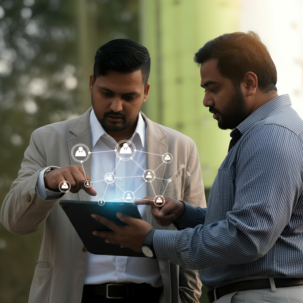 Two businessmen discussing hidden connections driving B2B success