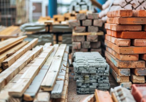 A pile of bricks and wood are stacked on top of each other. The scene is chaotic and disorganized
