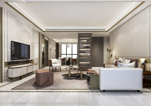 3d rendering loft luxury living room with bookshelf near dining table