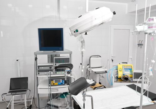 Shot of a gynecological room with chair for medical examinations and equipment medicine feminine health profession clinical hospital examine concept.
